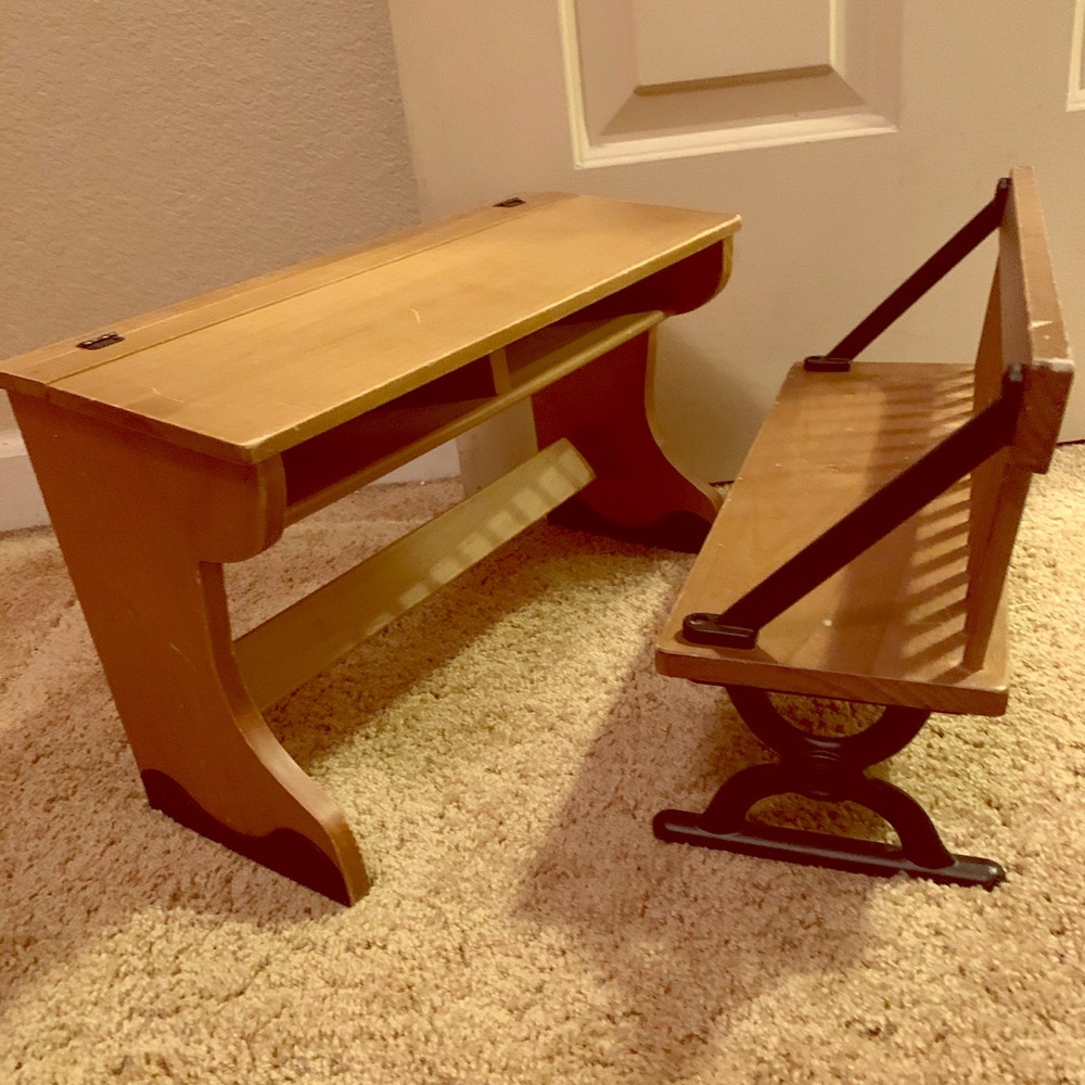 Old style wooden desk and chair set